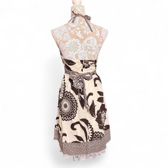 Y2K Floral Halter Dress Brown White Boho Print Summer Party Midi Size 7 - Picture 4 of 8